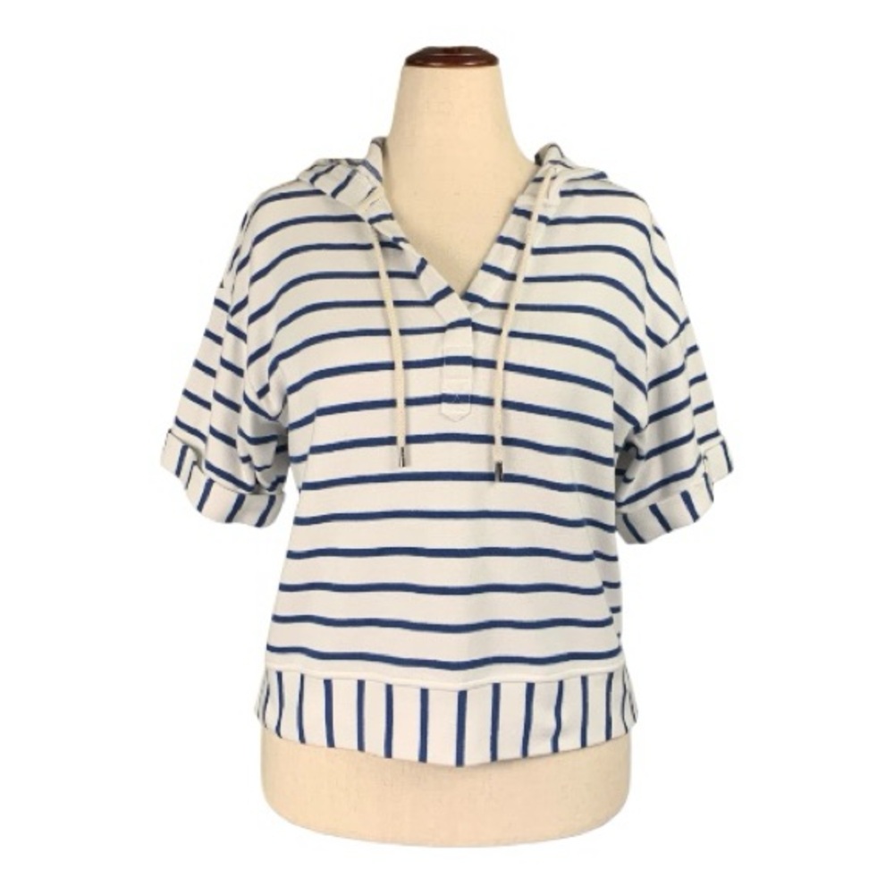 Jane & Delancey Nautical Navy White Striped Short Sleeve Hoodie Size Medium